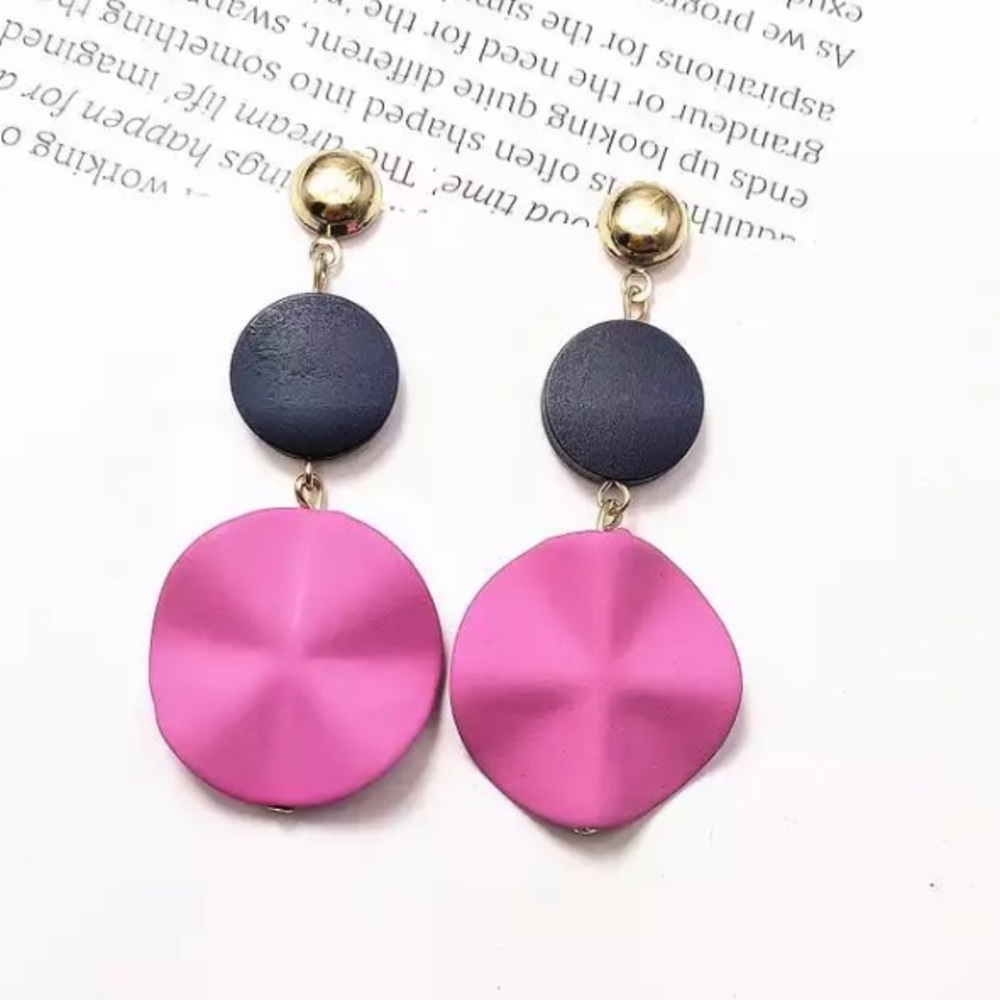 Wooden Navy Blue and Pink Boho Dangle Earrings
